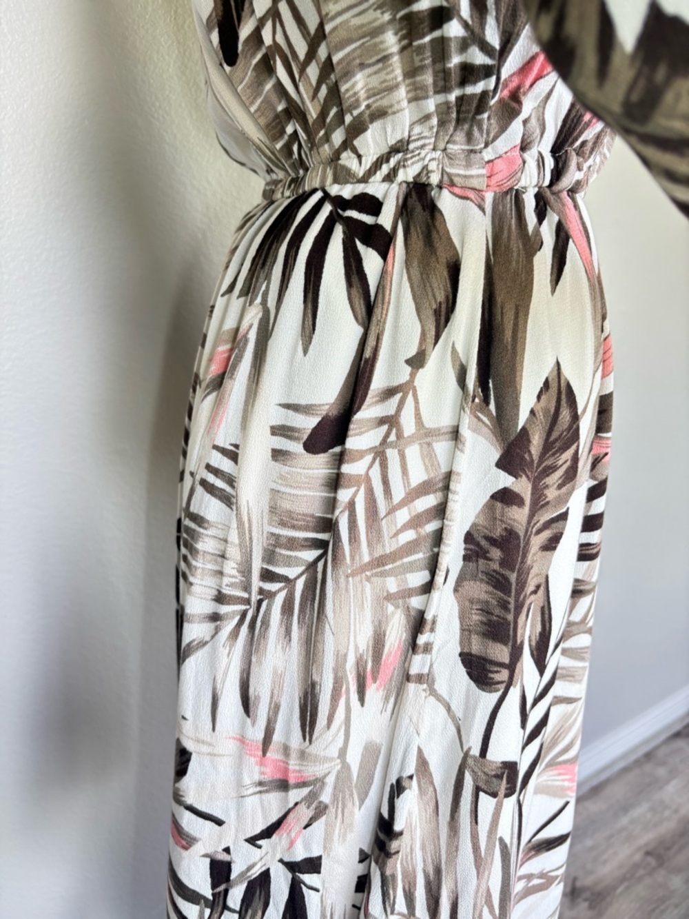 Old Navy White Tropical-Print Long Sleeve Wrap Dress with Brown and Pink Accents - Picture 7 of 16